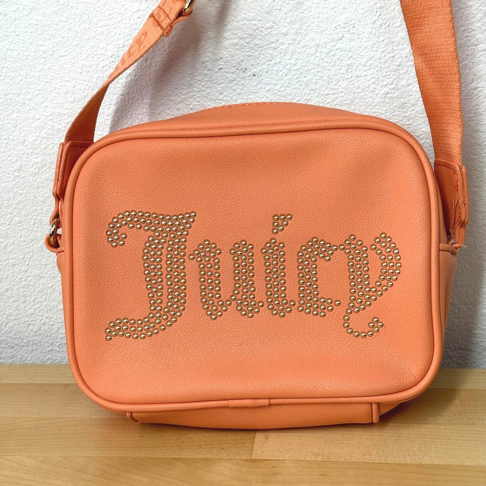 Juicy Couture Peach Orange Studded Logo Faux Leather Crossbody Camera Bag *FLAW